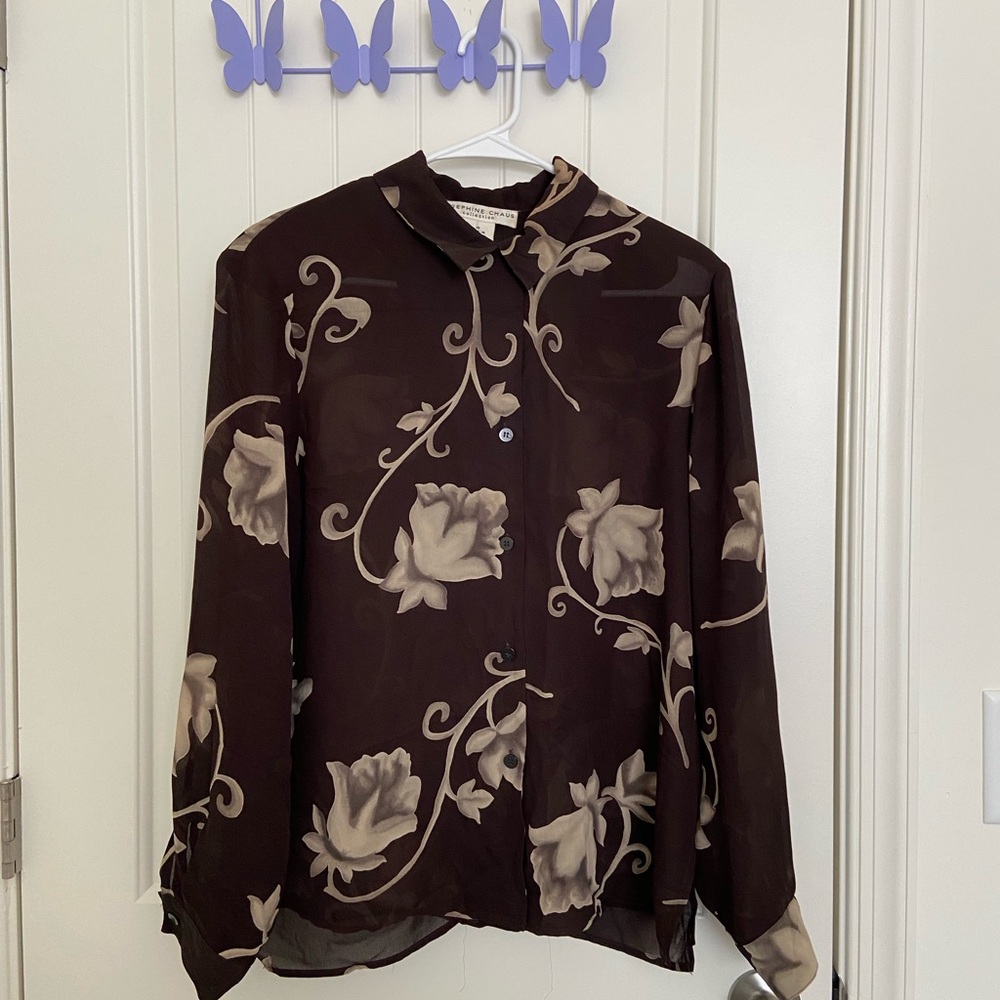 EUC Vintage Josephine Chaus women’s brown tan floral sheer button down‎ shirt 10